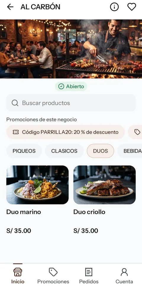 App Repique: carta de un restaurante con su promoción, categorías y platos con foto.