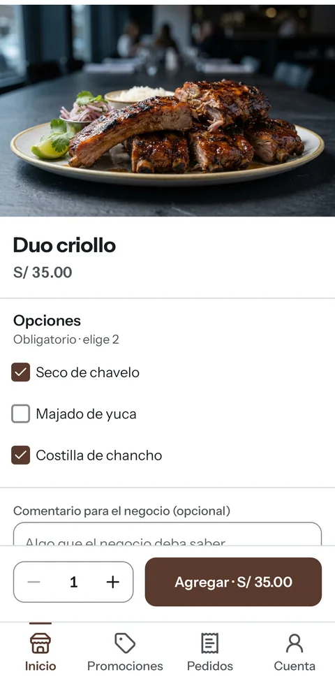 App Repique: ficha de un plato con opciones para elegir y el botón Agregar.