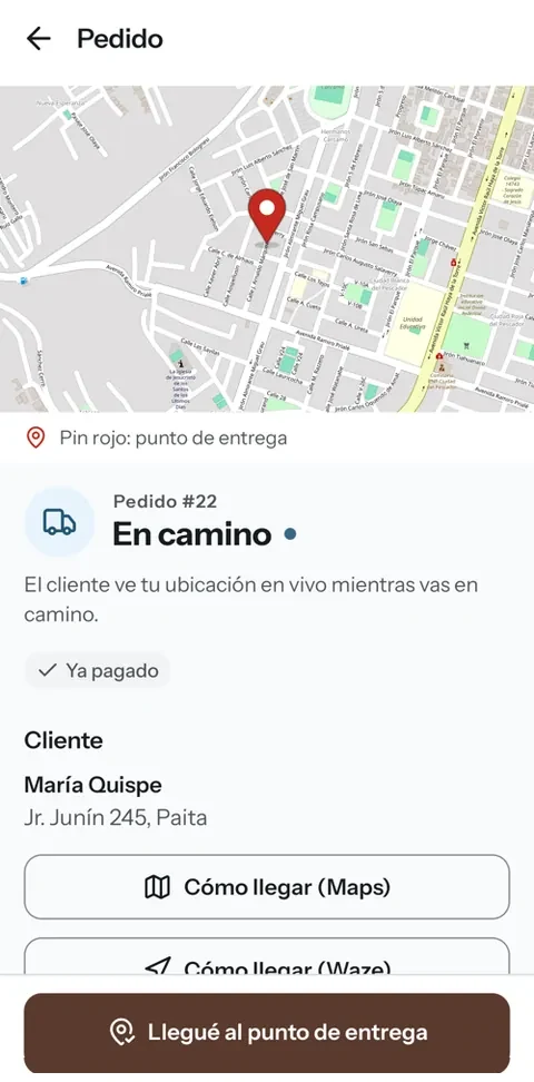 Repique Delivery: pedido en camino, con el mapa del punto de entrega y los datos del cliente.